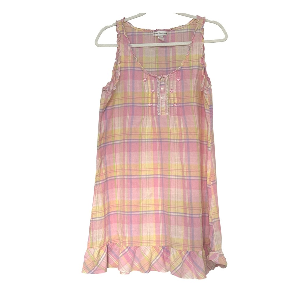 Miss Elaine Womens Y2K Nightgown Plaid Cotton Ruffle Hem‎ Size M Pink Sleepwear